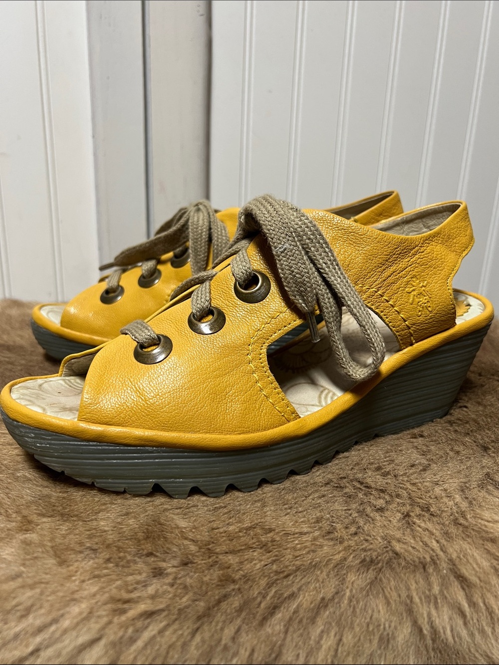 Fly London Yellow Leather Lace-Up Wedge Sandals